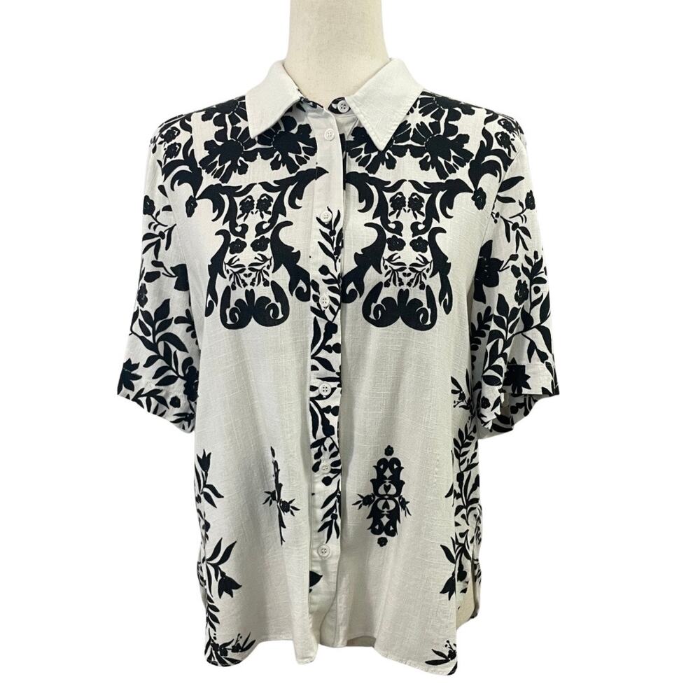 Zara Women's Linen Blend Top Button down Floral Boho Oversized sz M Black White